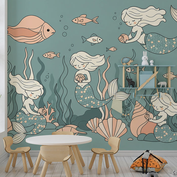 Papier peint chambre bébé | Sirènes et poissons dans un monde sous-marin apaisant