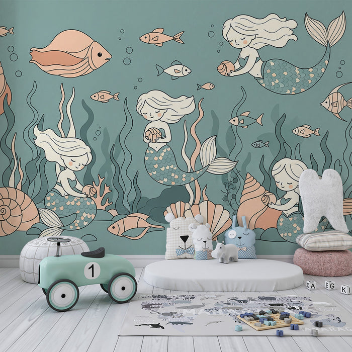 Papier peint chambre bébé | Sirènes et poissons dans un monde sous-marin apaisant