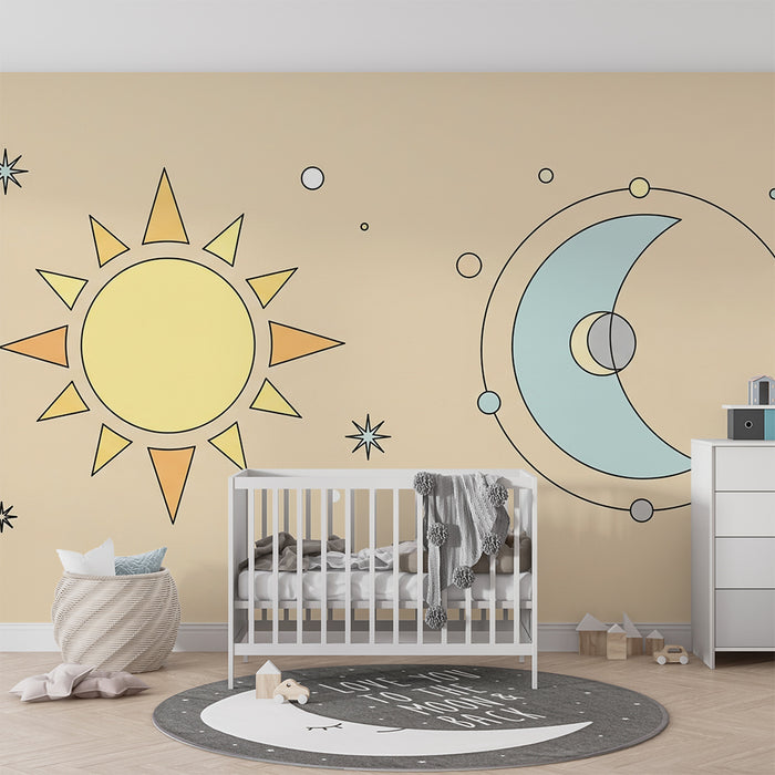 Papel de parede quarto bebê | Sol e lua com estrelas coloridas
