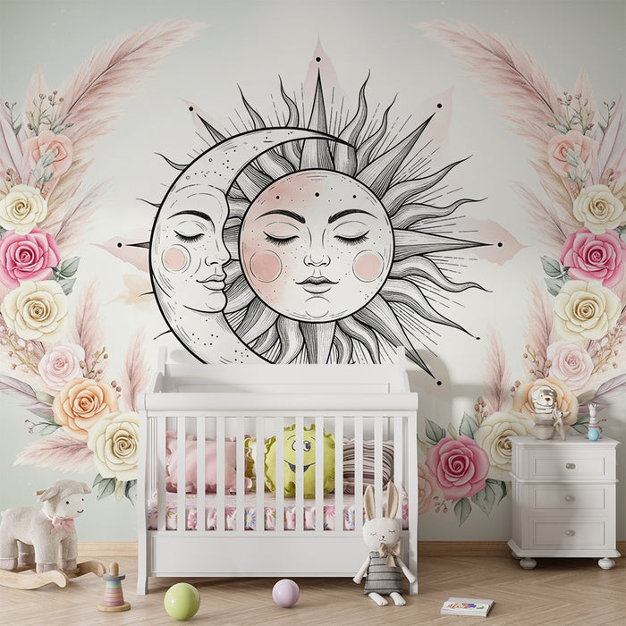 Papel de parede quarto bebê | Sol e lua cercados por flores