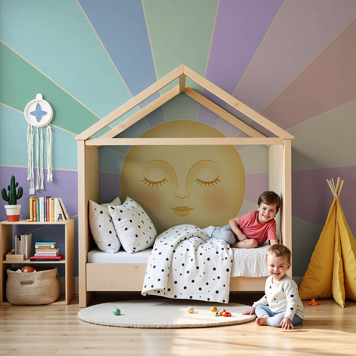 Papel pintado para habitación infantil | Sol sonriente y rayos pastel