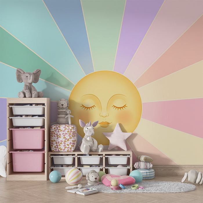 Papel pintado para habitación infantil | Sol sonriente y rayos pastel