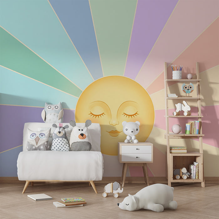 Papel pintado para habitación infantil | Sol sonriente y rayos pastel