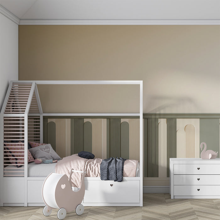 **Resultat:**

Papir til babyrom | Bunnfelt med myke geometriske mønstre i grønt og beige