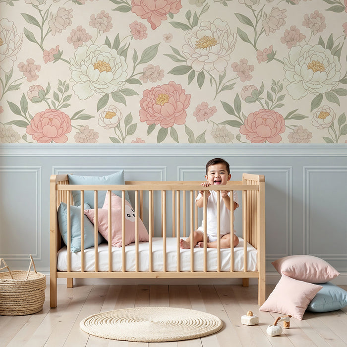 Papier peint chambre bébé | Soubassement à moulures bleues et fleurs
