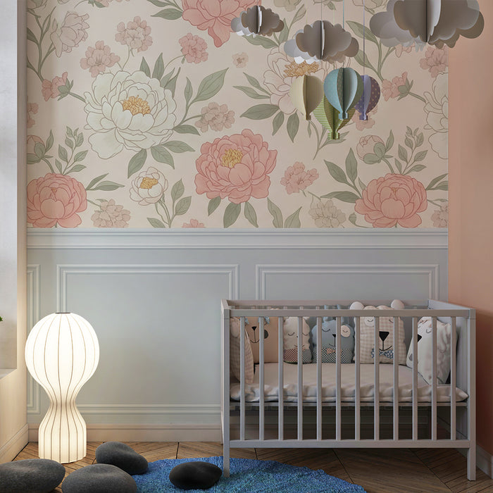 Papier peint chambre bébé | Soubassement à moulures bleues et fleurs