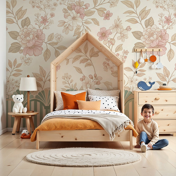 Papier peint chambre bébé | Soubassement  coquillage et fleurs