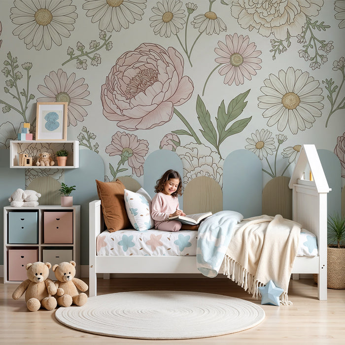 Papier peint chambre bébé | Soubassement et fleurs et motifs floraux pastel