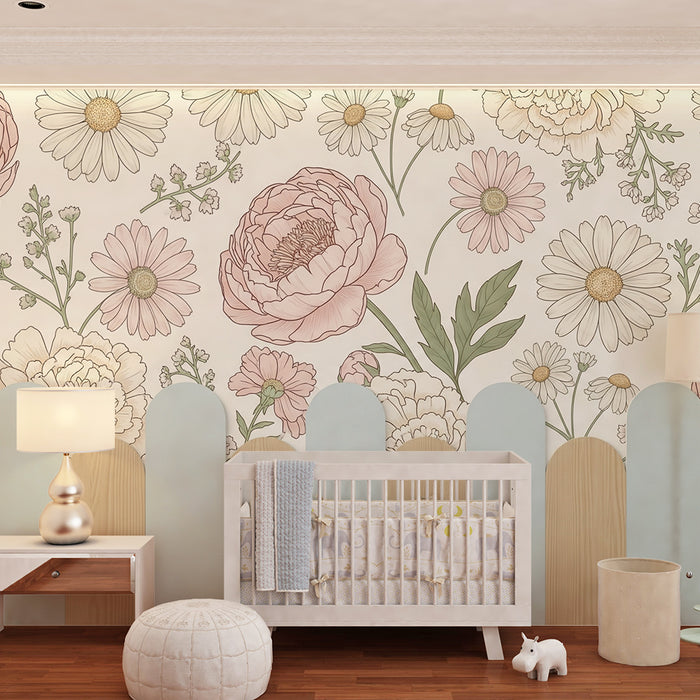 Papier peint chambre bébé | Soubassement et fleurs et motifs floraux pastel