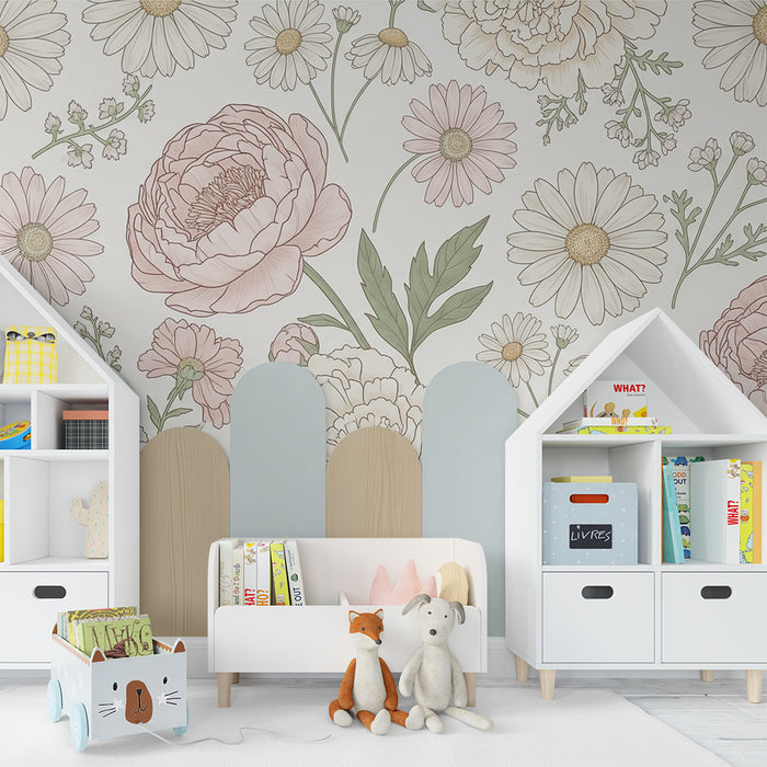 Papier peint chambre bébé | Soubassement et fleurs et motifs floraux pastel