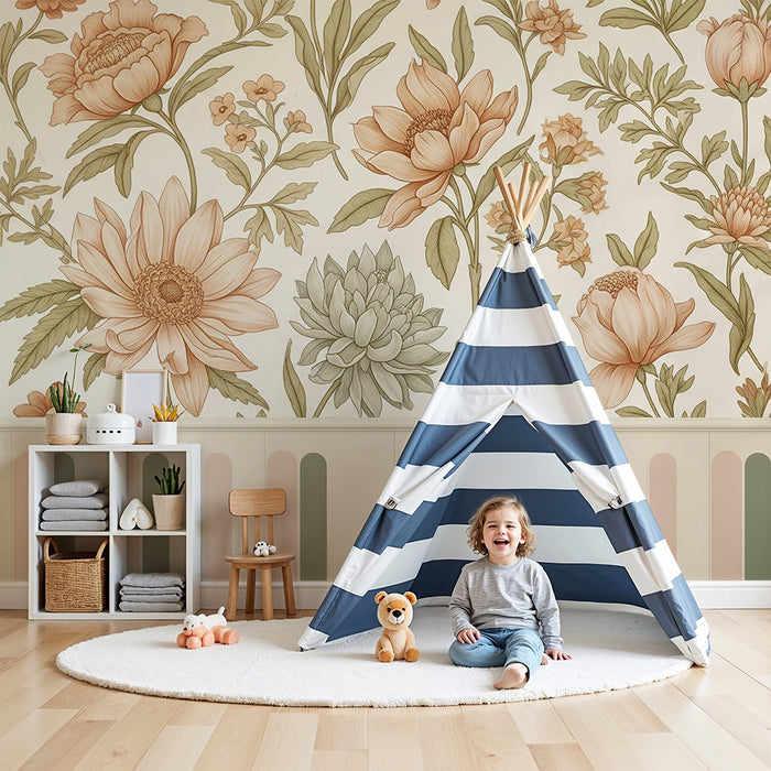 Papier peint chambre bébé | Soubassement vintage avec fleurs
