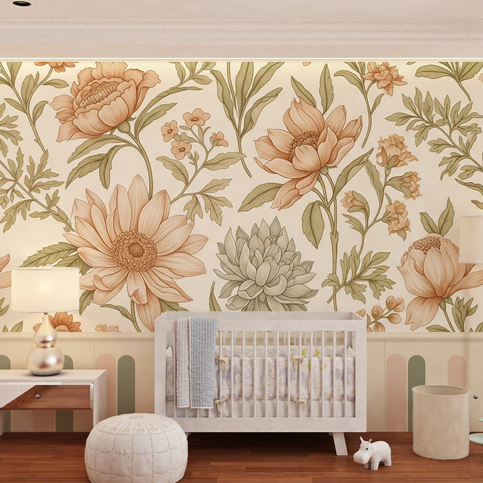 Papier peint chambre bébé | Soubassement vintage avec fleurs