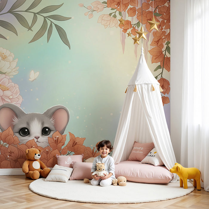 Nursery room wallpaper | Cute mouse and delicate flowers