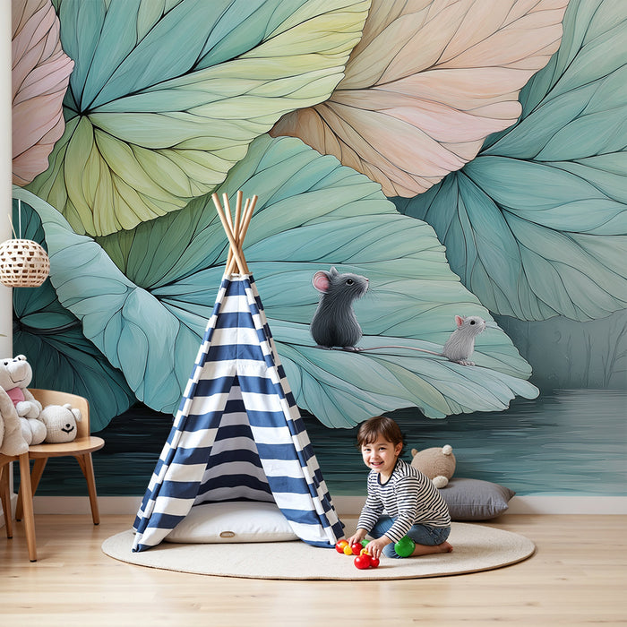 Babykamer behang | Schattige muizen op grote kleurrijke bladeren