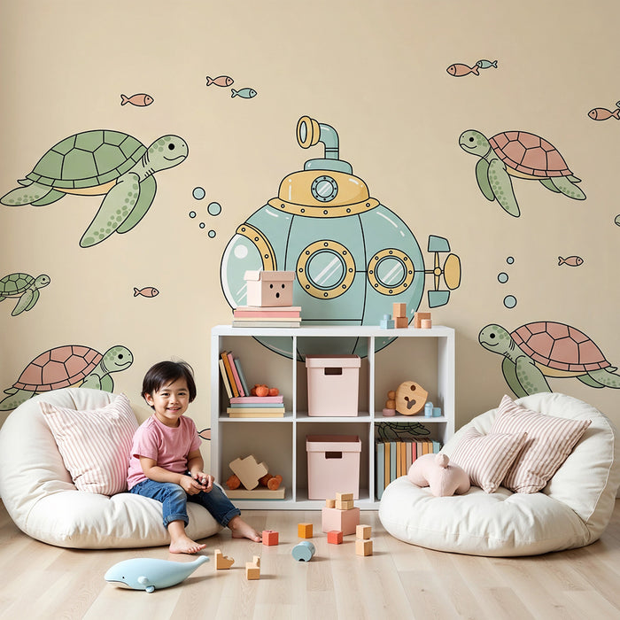 Papier de parede quarto bebê | Ponorka a mořské želvy v podvodním světě