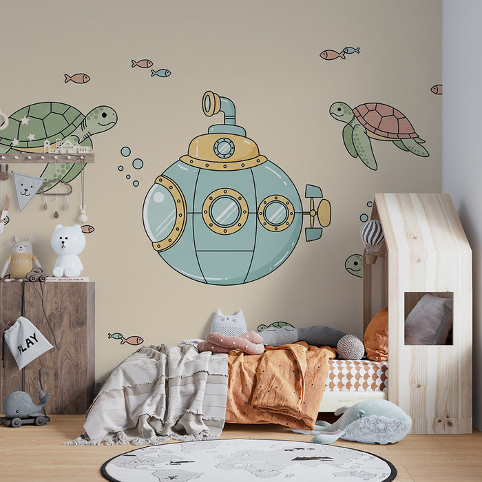 Papier de parede quarto bebê | Ponorka a mořské želvy v podvodním světě