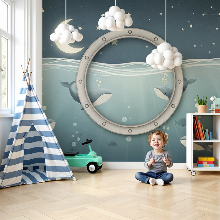 Papier peint chambre bébé | Sous-marin magique avec baleines et étoiles scintillantes