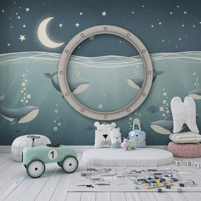 Papier peint chambre bébé | Sous-marin magique avec baleines et étoiles scintillantes