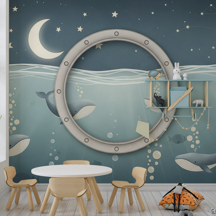 Papier peint chambre bébé | Sous-marin magique avec baleines et étoiles scintillantes