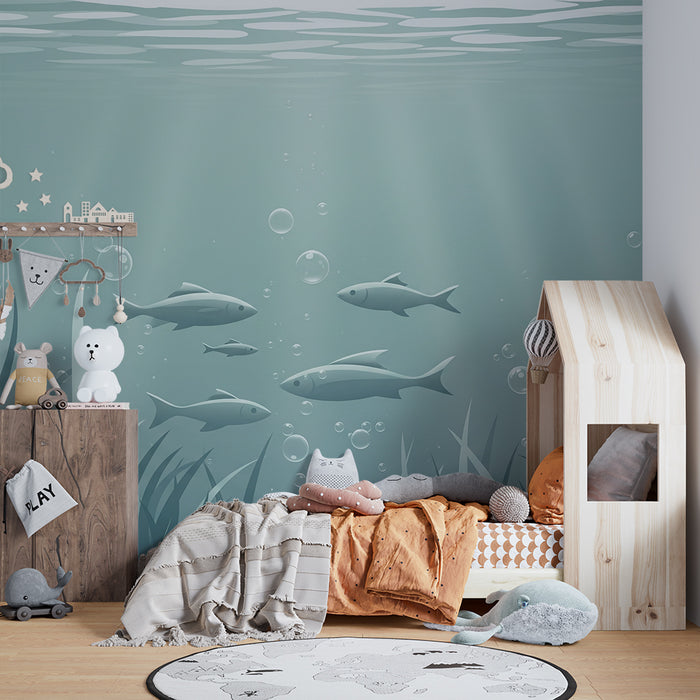 Papel de parede para quarto de bebé | Submarino tranquilo com peixes e algas