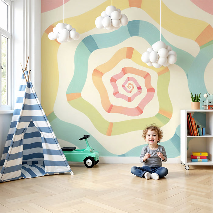 Børneværelse tapet | Farverig spiral med bløde og pastelfarvede bølger