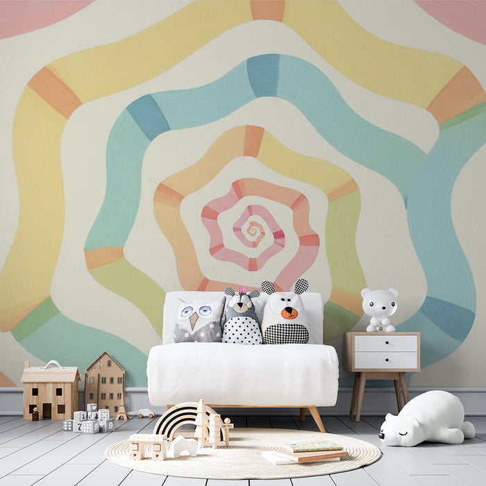 Børneværelse tapet | Farverig spiral med bløde og pastelfarvede bølger