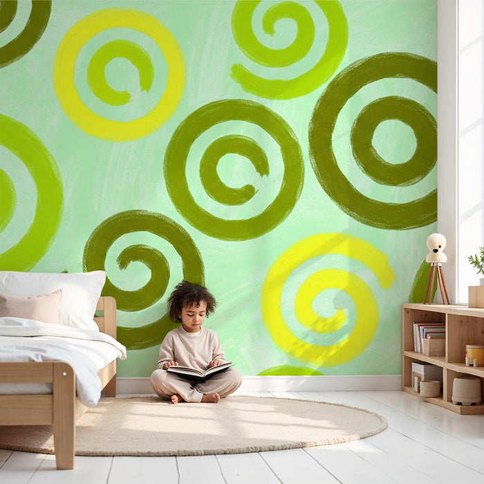 Papel de perete cameră bebeluși | Spirale colorate pe fundal verde pastel