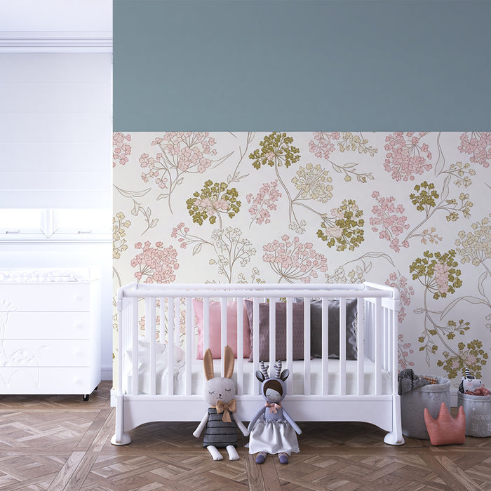 Papier peint chambre bébé | Surbassement bleu et fleurs pastel