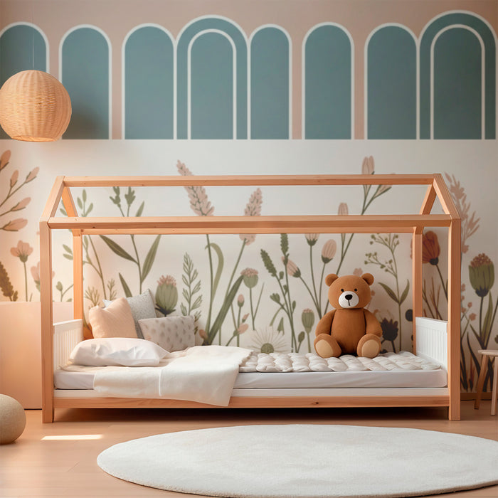 Baby nursery wallpaper | Wainscoting and delicate flowers