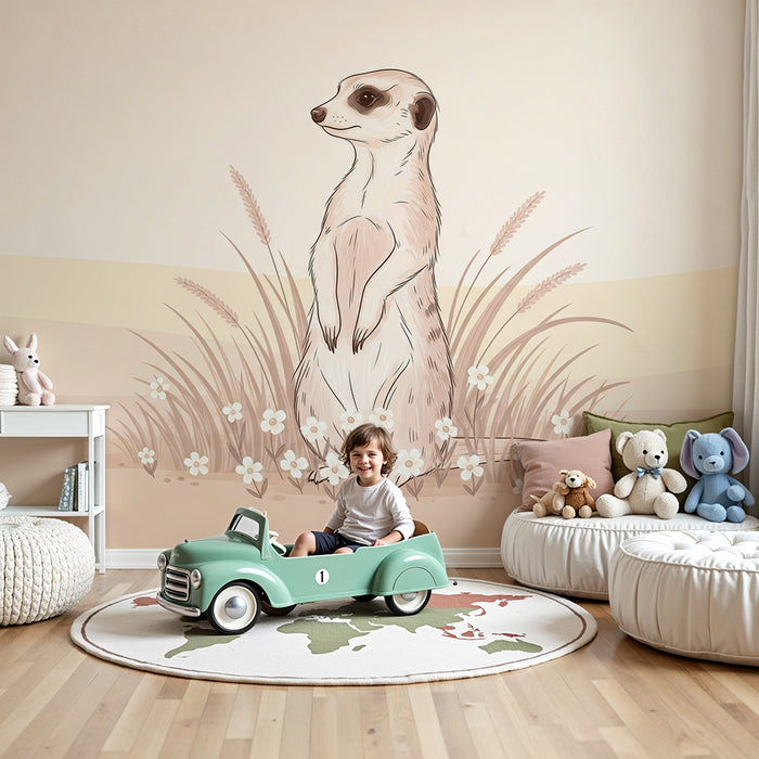 Papier peint chambre bébé | Suricate curieux dans un paysage doux et floral