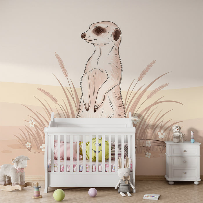 Papier peint chambre bébé | Suricate curieux dans un paysage doux et floral