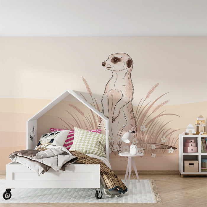 Papier peint chambre bébé | Suricate curieux dans un paysage doux et floral