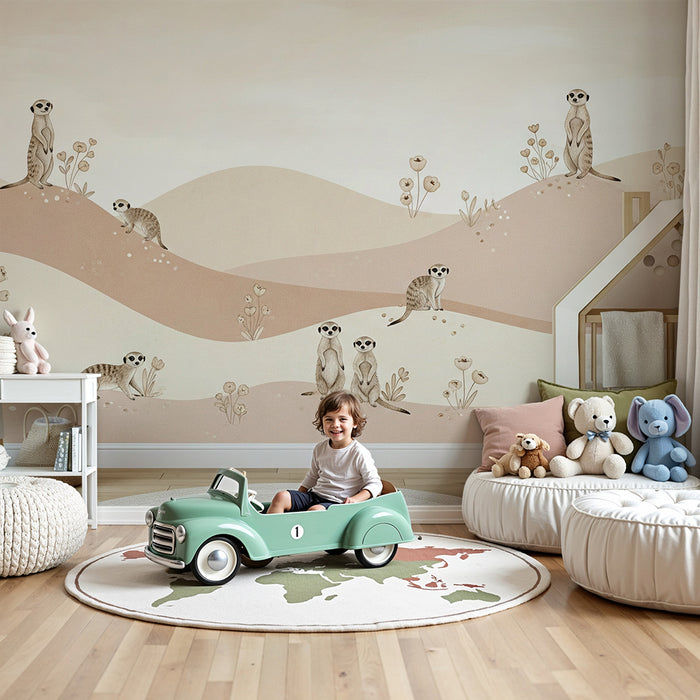 Papier peint chambre bébé | Suricate et paysages doux dans des tons pastel