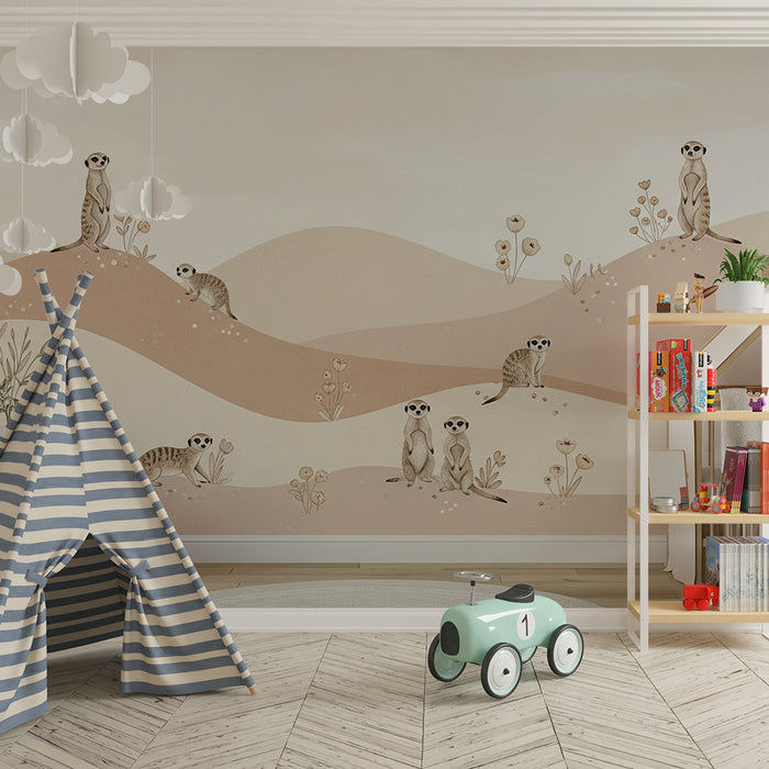Papier peint chambre bébé | Suricate et paysages doux dans des tons pastel