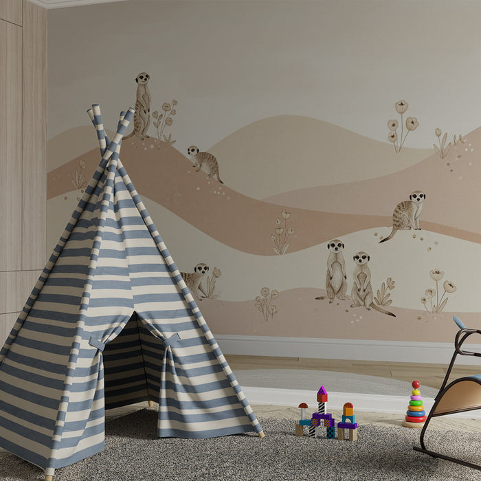 Papier peint chambre bébé | Suricate et paysages doux dans des tons pastel