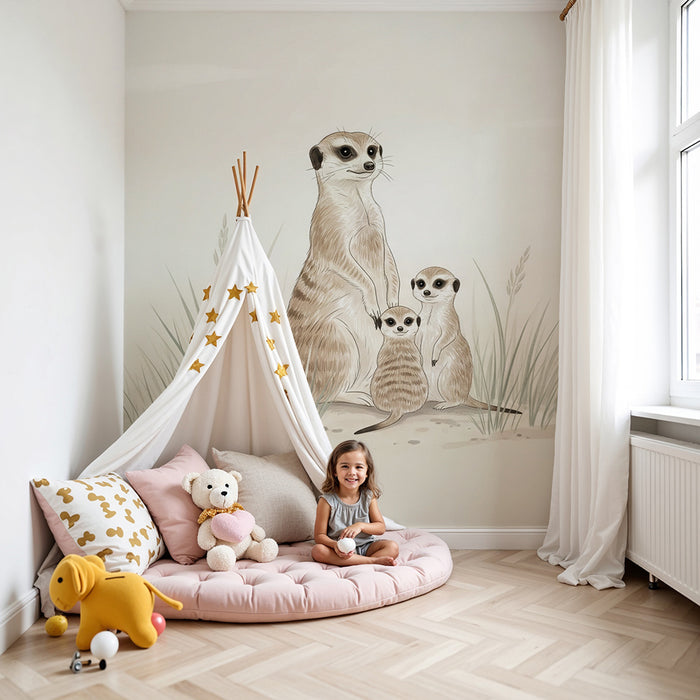 Papier peint chambre bébé | Suricate et ses petits dans un décor doux et apaisant