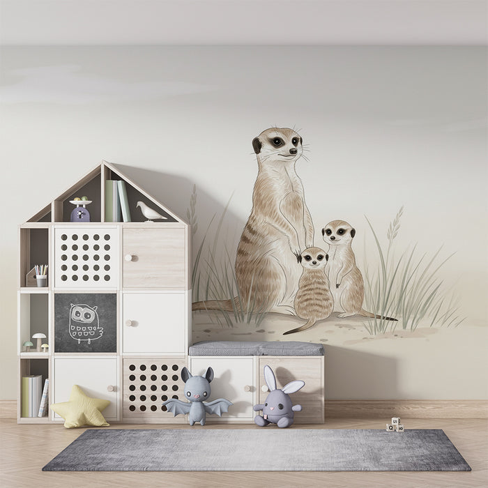 Papier peint chambre bébé | Suricate et ses petits dans un décor doux et apaisant