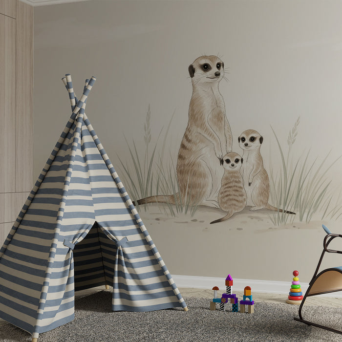 Papier peint chambre bébé | Suricate et ses petits dans un décor doux et apaisant