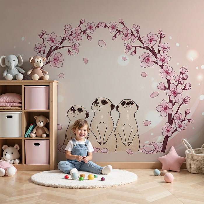 Papel pintado para habitación infantil | Suricata bajo un cerezo en flor