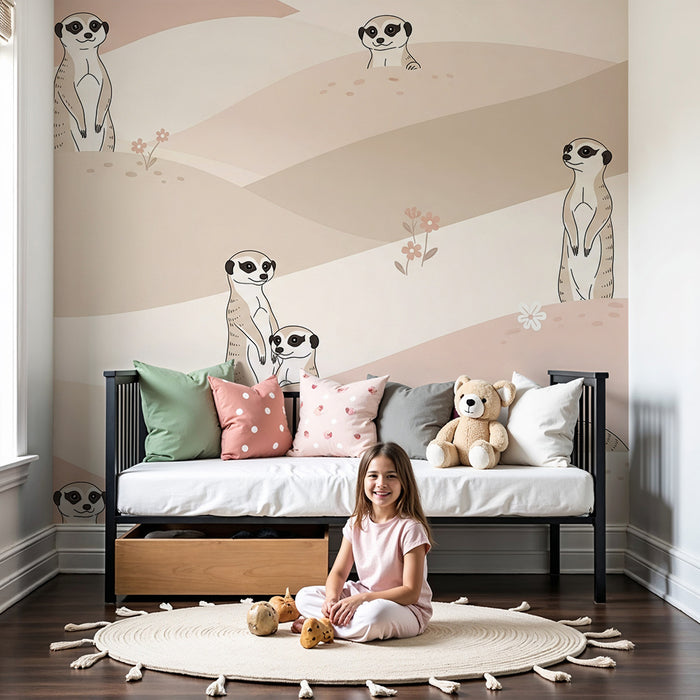 Papier peint chambre bébé | Suricates joueurs dans un paysage doux et pastel