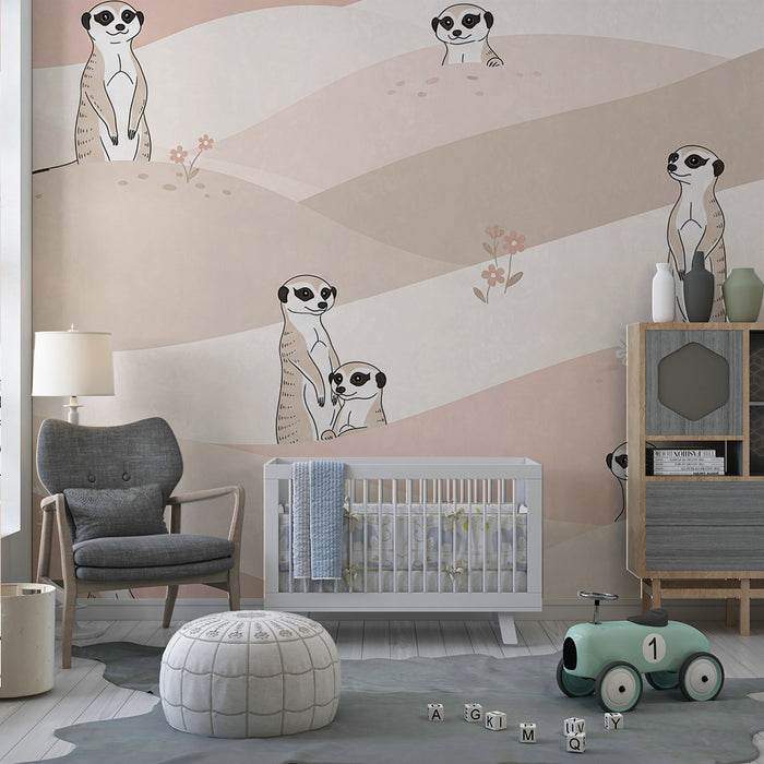 Papier peint chambre bébé | Suricates joueurs dans un paysage doux et pastel