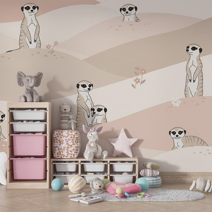 Papier peint chambre bébé | Suricates joueurs dans un paysage doux et pastel