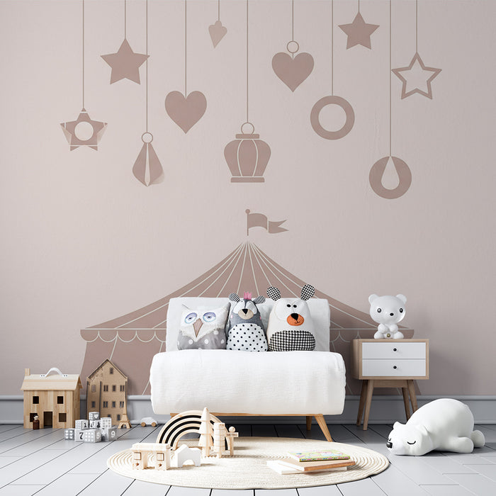 Papel de parede quarto bebê | Tenda de circo com decorações suspensas