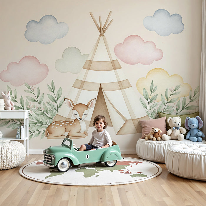 Babykamer behang | Tent en zachte fauna