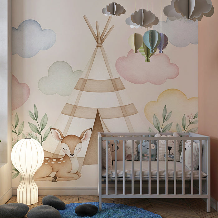 Babykamer behang | Tent en zachte fauna
