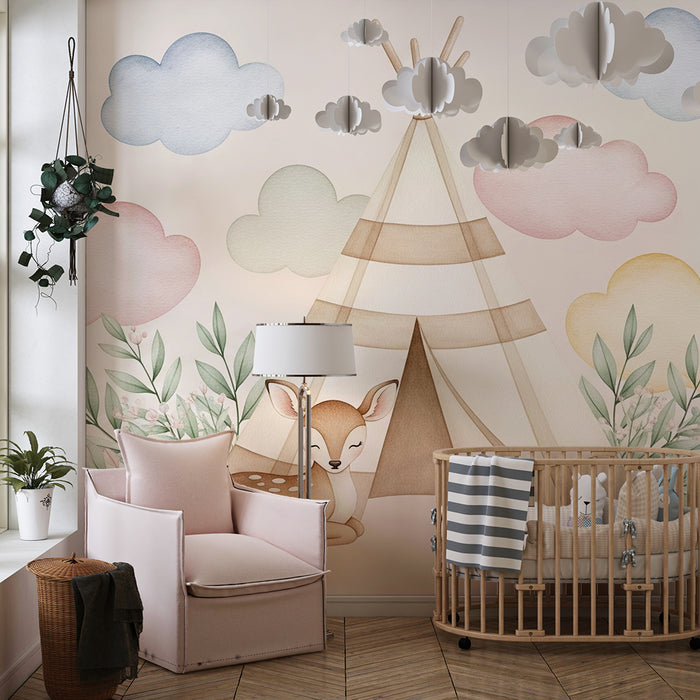Babykamer behang | Tent en zachte fauna
