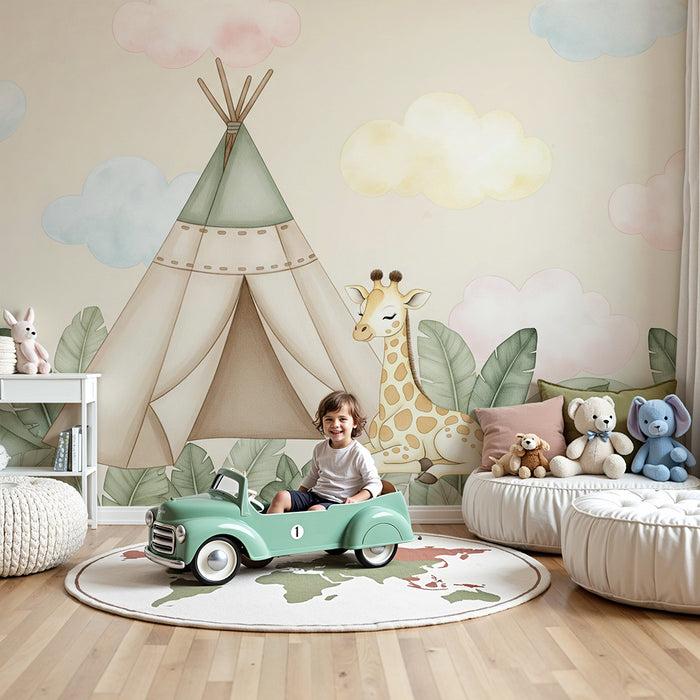 Babykamer behang | Tent en giraf in een zachte wereld