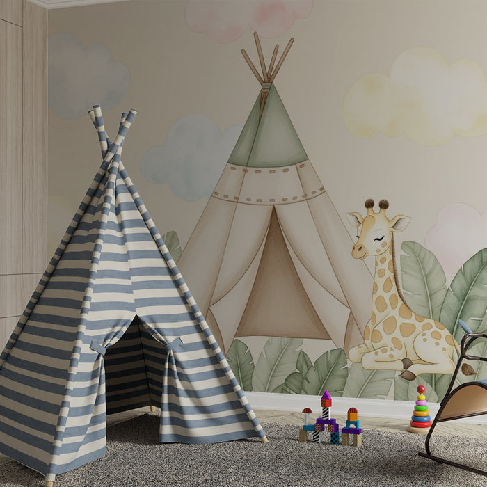 Babykamer behang | Tent en giraf in een zachte wereld