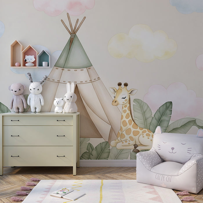 Babykamer behang | Tent en giraf in een zachte wereld