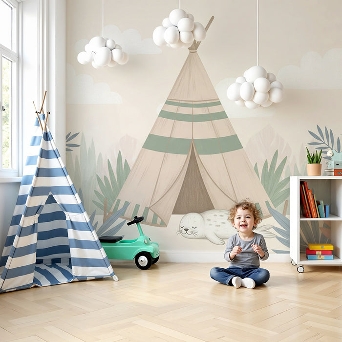 Tapet barnerom | Telt og sovende sel i naturen